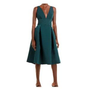 Amsale Faille Fit and Flare Dress with Deep V Neckline Hunter Green 8 NWT